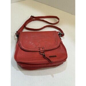 Amphora Italian Leather Crossbody Bag Saddle Style Adjustable Strap Coral Red